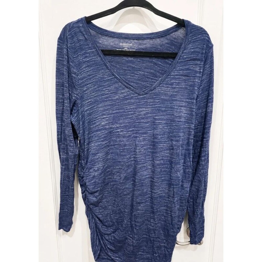 Motherhood Maternity Heathered Navy Blue Ruched Long Sleeve V-Neck Top Size L
